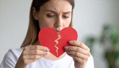 Close up portrait of a woman with a distressed expression holding a torn red paper heart symbolizing heartbreak sadness and emotional pain with blurred background and natural lighting