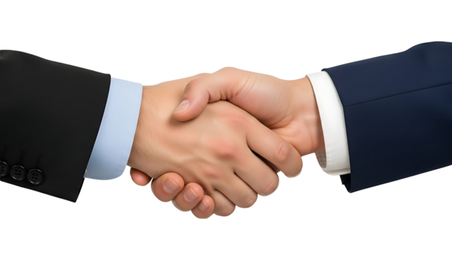 Close-up of a firm handshake, symbolizing agreement and collaboration. The two men are in business attire, hands clasped tightly, demonstrating a bond of trust - Powered by Adobe
