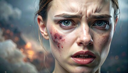 Close Up Portrait Of A Young Woman Showing Pain And Shock With A Bloody Wound On Her Face In A Smoky Atmospheric Background Dramatic Lighting