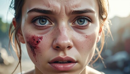 Close Up Portrait Of A Young Woman With A Bloody Wound On Her Face Showing Shock And Pain With Sweat And Dirt In Her Eyes And Forehead With A Blurred Outdoor Background In Sunlight