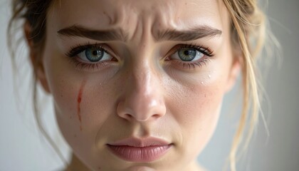 Close Up Portrait of a Young Woman With Blue Eyes and Glitter Makeup Grimacing in Pain with a Small Blood Stain on Her Cheek and Frowning Eyebrows Against a Neutral Background