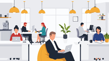 Dynamic contemporary office space featuring diverse employees actively engaged in work, showcasing collaboration and technology-driven productivity in a vibrant business setting