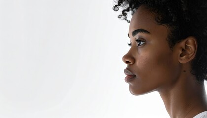 Close up profile of a Black woman's face covered in sweat droplets against a stark white background highlighting her features and intense expression