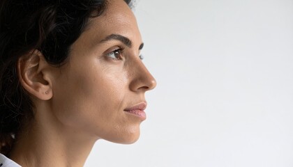Close-Up Profile of a Woman's Face Covered in Sweat Beads Reflecting Intense Physical Exertion and Discomfort with a Subtle Expression of Pain and Shock Against a Plain White Background