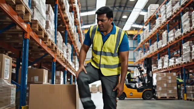 Warehouse Worker Experiencing Back Pain While Lifting Box Safety Vest 4K HD Ultra