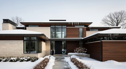 Modern home exterior in winter showing snowy roof and landscaping