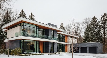 Luxurious Modern Home Exterior Featuring Winter Snow Landscape and Contemporary Design