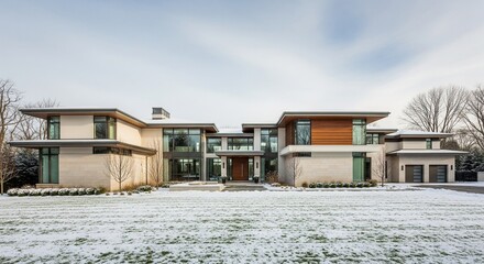 Modern Luxury Home Exterior Covered in Fresh Winter Snowfall Scene