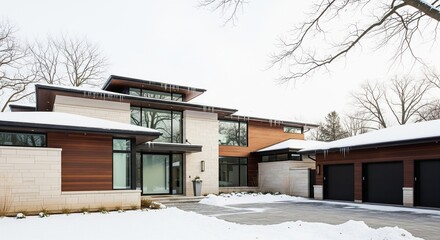 Modern Home Exterior in Winter with Snow and Icicles Around