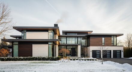 Modern Architectural Residence with Winter Snow, Trees and Smoke from Chimney