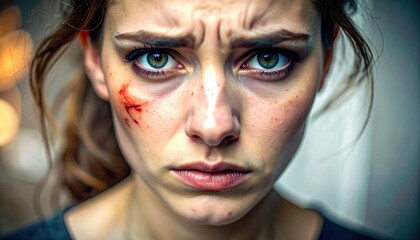 Distressed Woman With Green Eyes And Facial Wound Expressing Shock And Pain In Close Up Portrait With Blurred Background And Soft Lighting