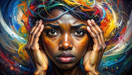 Expressive close-up portrait of a Black woman with hands on temples conveying intense emotional distress anxiety and overwhelm with colorful abstract energy exploding around her head in a dark