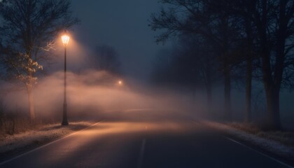 Eerie Foggy Road with Streetlights at Night