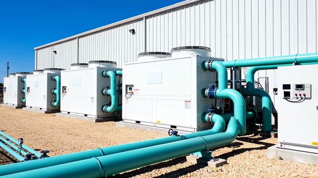 Row of large white industrial chiller units with bright turquoise pipes and fans outside a corrugated metal building on a sunny day