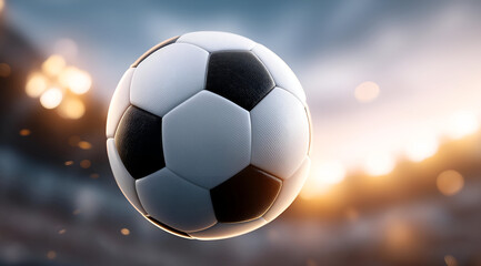 Naklejka premium A close-up of a soccer ball in mid-air, capturing the excitement of a game with a blurred stadium in the background.