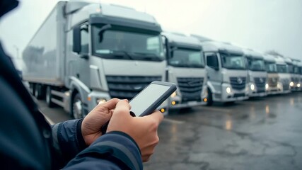 Logistics Manager Using Smartphone Near Parked Delivery Trucks in Industrial Yard Showing Modern Fleet Coordination and Transport Operations - Powered by Adobe