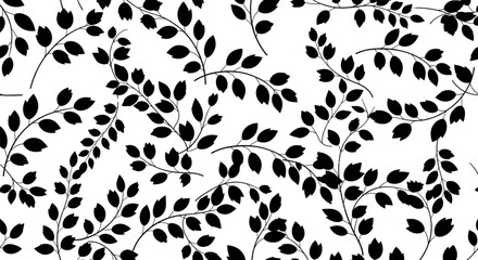 Seamless Black Branch Leaf Pattern Background for Elegant Textile Wallpaper Design