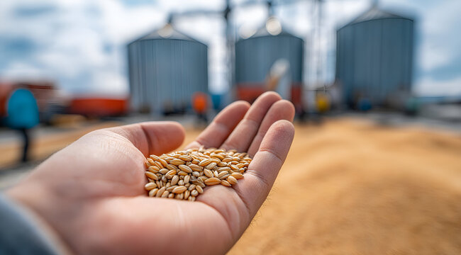 A close-up of a hand holding grains, with silos in the background, showcasing agricultural practices and harvest.