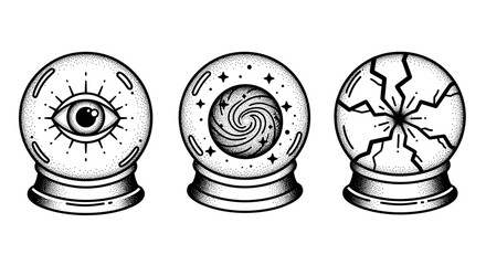 Three mystical crystal balls with unique designs for fortune telling and magic.
