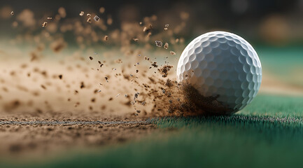 A close-up of a golf ball in motion, kicking up sand as it rolls on the green, showcasing the excitement of the game.