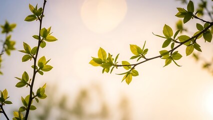 few short and long branches placed asymmetrically, leaving tranquil space, young leaves glowing, pastel sky
