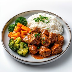 Fototapeta premium Delicious beef stew served with fluffy white rice, tender carrots, and fresh broccoli, creating a wholesome and satisfying meal on a white background.