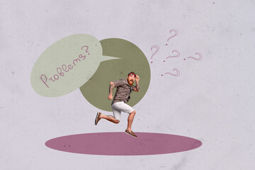 Creative collage showing confused man woman with question marks speech bubble illustrating mental overload life problems