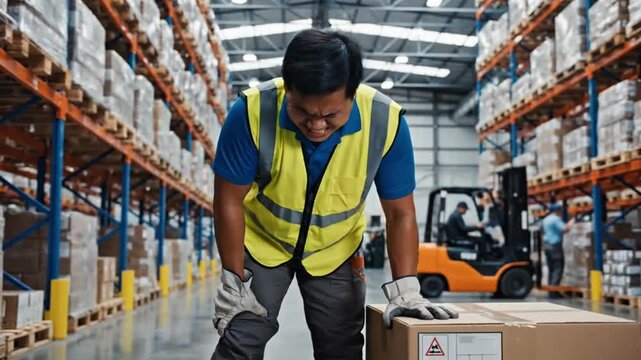 Warehouse Worker Experiencing Back Pain While Lifting Box Safety Vest 4K HD Ultra