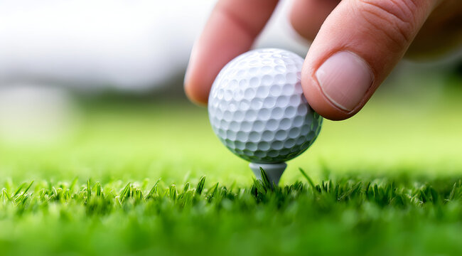A close-up of a golf ball being placed on a tee on green grass, capturing the anticipation of the perfect shot.