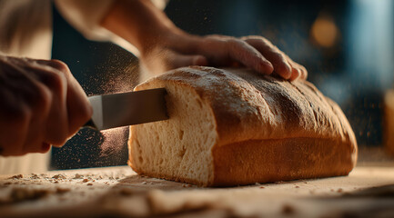 A close-up of a hand slicing freshly baked bread with a sharp knife. The warm, golden crust contrasts with the soft interior.
