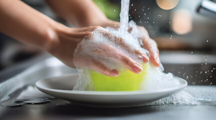 A close-up of hands washing a bowl under running water, emphasizing the importance of cleanliness in food preparation.