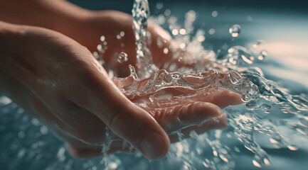 Fototapeta premium A close-up of hands cupping water, capturing the essence of purity and the connection between humans and nature.