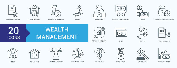 Wealth Management Icon Pack Illustration Vector with corporate bonds, asset analysis, financial strategy, profit, economic