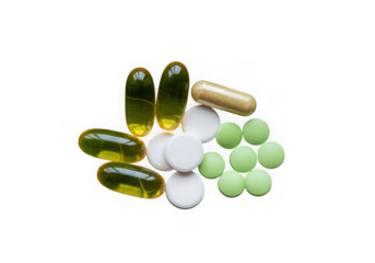 A collection of various pills and capsules, including green oval capsules, white round tablets, and a gold capsule, isolated on transparent background