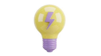 Yellow light bulb with purple lightning bolt isolated PNG, creative idea concept for innovation and energy solutions on transparent background