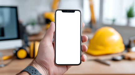 A close-up of a hand holding a smartphone, with a blank screen, set against a construction workspace background.
