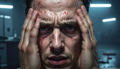 Close up distressed man face with blue eyes sweat blood visible wound hands on head in dark room experiencing pain shock fear extreme emotion dramatic lighting