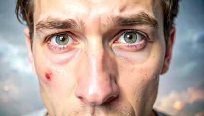 Close up extreme distress facial expression shows man with wide shocked eyes and visible wound on cheek with gritty texture and dramatic lighting symbolizing pain and suffering