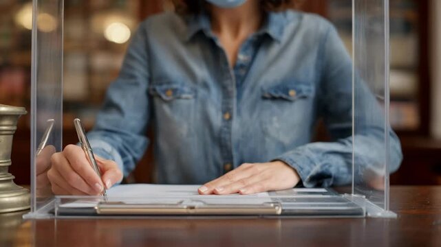 Medium shot of a notary behind a transparent protective screen ensuring safe document signing during health precautions.
