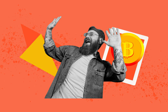 Banner full 3d image art collage of happy businesswoman businessman hold laptop receive blockchain coin capital income tablet