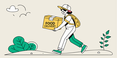 Cheerful delivery person happily walking outdoors carrying a vibrant yellow food delivery package