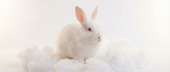Obraz premium White rabbit in soft cotton cloud. Cute bunny on an ethereal backdrop conveying innocence and purity. Gentle animal for childrens designs. Banner with copy space