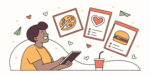 Happy person eagerly browsing delicious fast food options on a mobile device for delivery or takeout