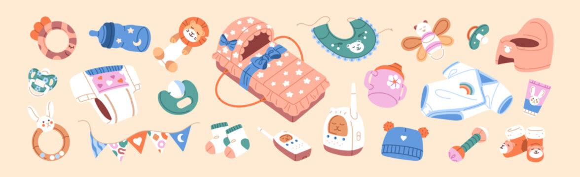 Set of baby items. Accessories, toys and clothes for newborns. Cradle, rattles, diapers, pacifier, potty, milk bottle, nappy and care supplies for infant kids. Flat isolated vector illustrations.