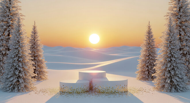 Image of snowy landscape with fir tree and geometric pedestal in winter scene. Represents showcase, podium, mockup for festive advertisement - Powered by Adobe