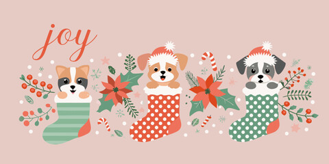 Festive illustration of adorable puppies in christmas stockings with holiday decor