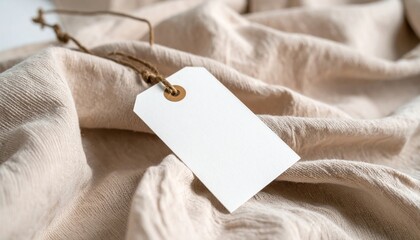 Blank price tag with string with on beige fabric background.
