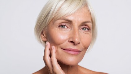 Confident mature caucasian woman with short blonde hair against white background