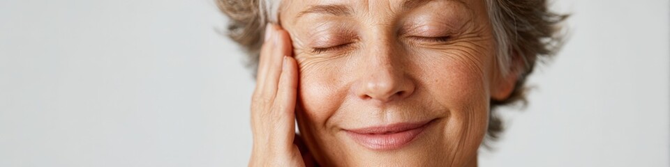 Obraz premium Peaceful mature caucasian woman with eyes closed and gentle smile