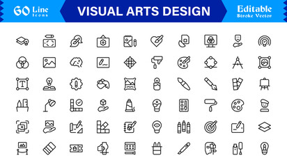 Professional Visual Arts Design Line Icon Pack Featuring Modern Minimalist Vector Icons for Creative Industry and Artistic Digital Projects with Unique Clean Outlines